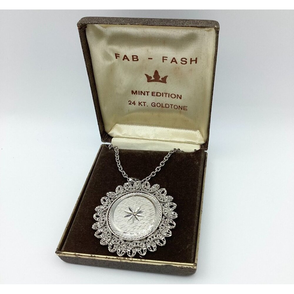1970s 24KT HGE White Gold Tone Pendant With CZ by Fab Fash-NOS